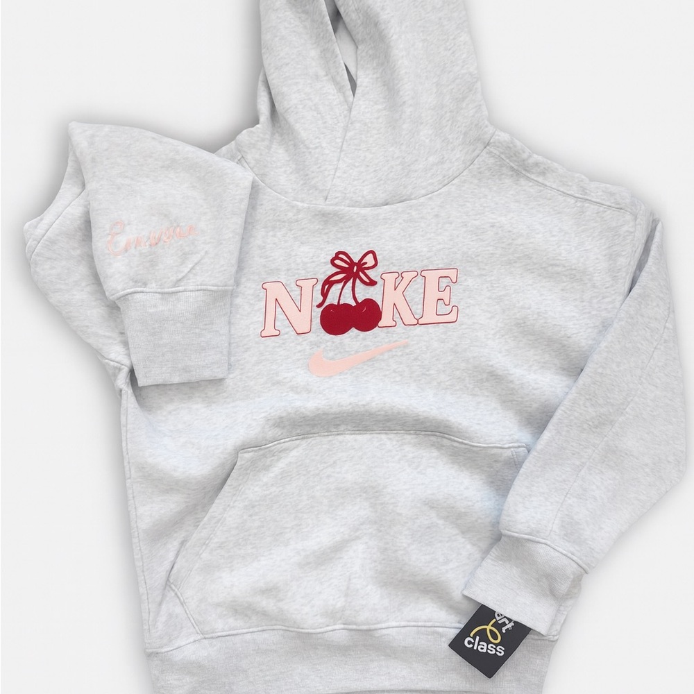 N🍒KE Kids Light Gray Hoodie with Pink Design, Custom Name on Sleeve